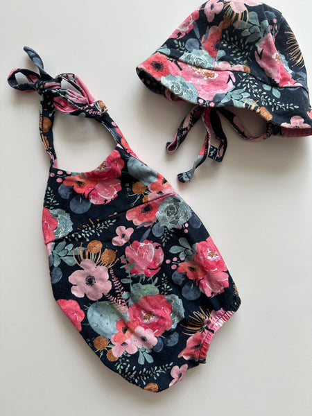 Little and Lively Floral Romper and Bonnet • 0-6 month