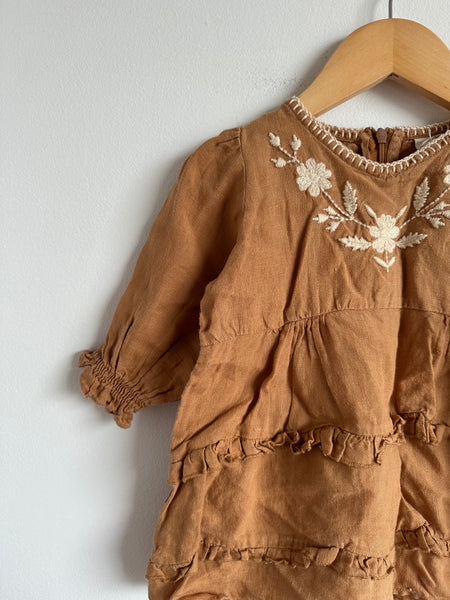 Apolina Umber Embroidered Tiered Linen Dress • 12-18 months