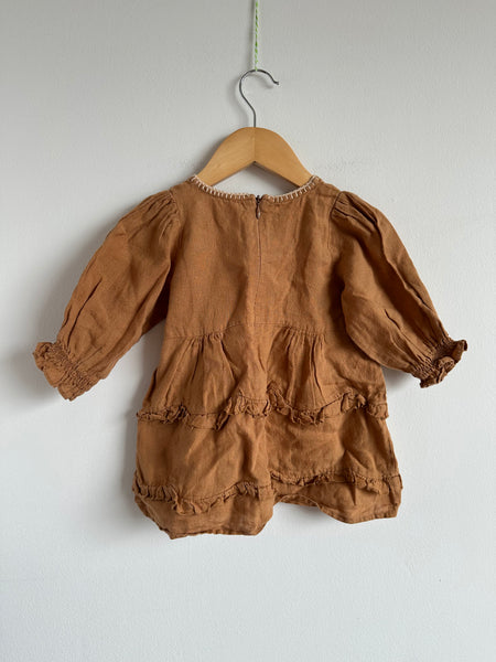 Apolina Umber Embroidered Tiered Linen Dress • 12-18 months