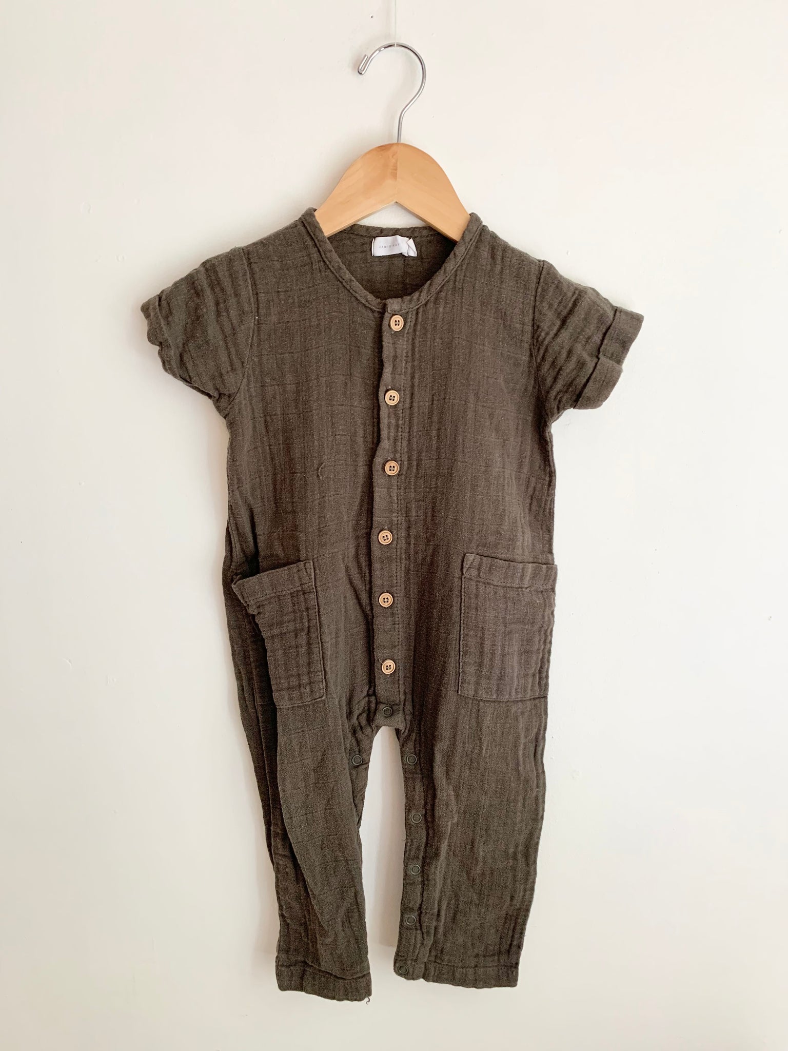 Jamie Kay Short Sleeve Green/Brown Cotton Gauze Romper • 12-18 months