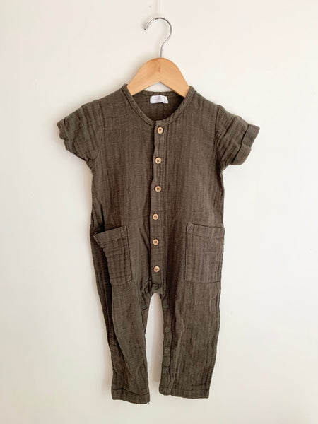 Jamie Kay Short Sleeve Green/Brown Cotton Gauze Romper • 12-18 months