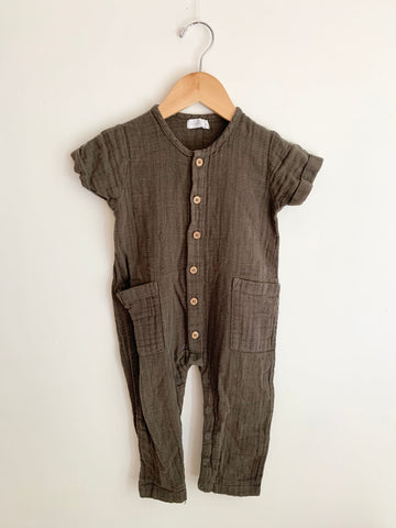 Jamie Kay Short Sleeve Green/Brown Cotton Gauze Romper • 12-18 months