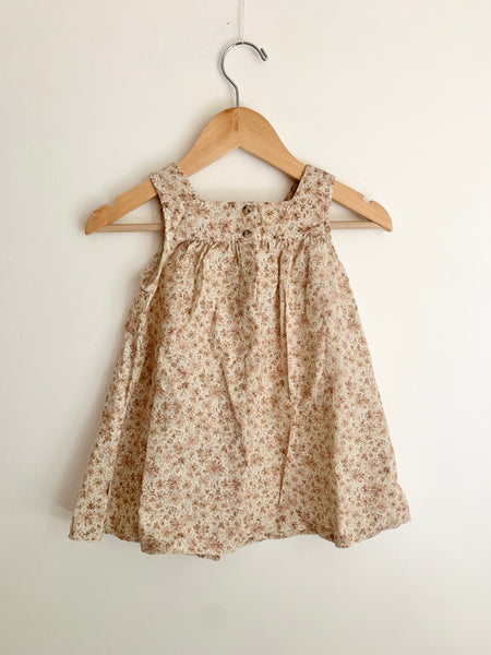 Wheat Cream and Brown Floral Linen Blend Dress • 1-2 years