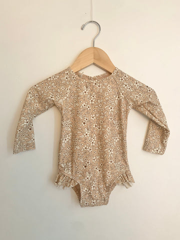 NEW Quincy Mae Brown Floral Long Sleeve Swimsuit • 6-12 months