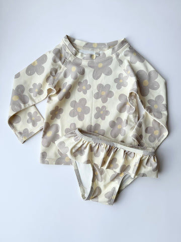 Rylee and Cru 2pc Cream Floral Long Sleeve Rashguard Swimsuit • 6-12 months