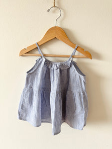 Bonpoint Blue and White Ruffle Neck Tank Top • 3-4 years