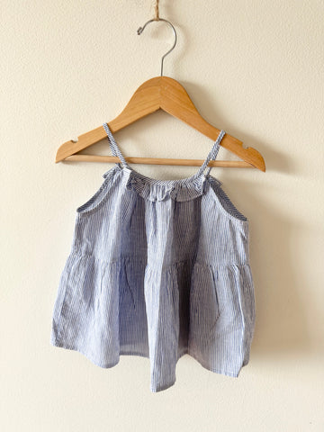 Bonpoint Blue and White Ruffle Neck Tank Top • 3-4 years