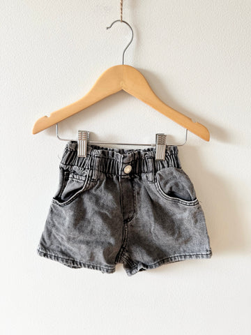 H&M Grey/Black Denim Paperbag Shorts • 2-3 years