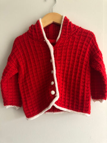 Hand Knit Red Cardigan • 1-2 years